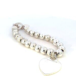 925 Tiffany & Co. Heart Charm on RLL Silver Tone Beaded 7" Toggle Bracelet